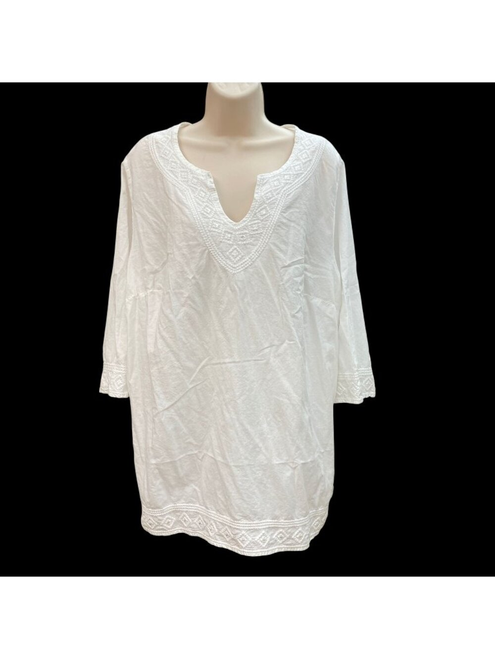 Catherines 1X White Embroidered Cotton Tunic Top V-Neck 3/4 Sleeves